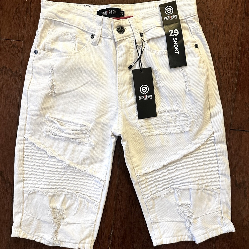 Enzipped Men’s White Distressed Jean Shorts